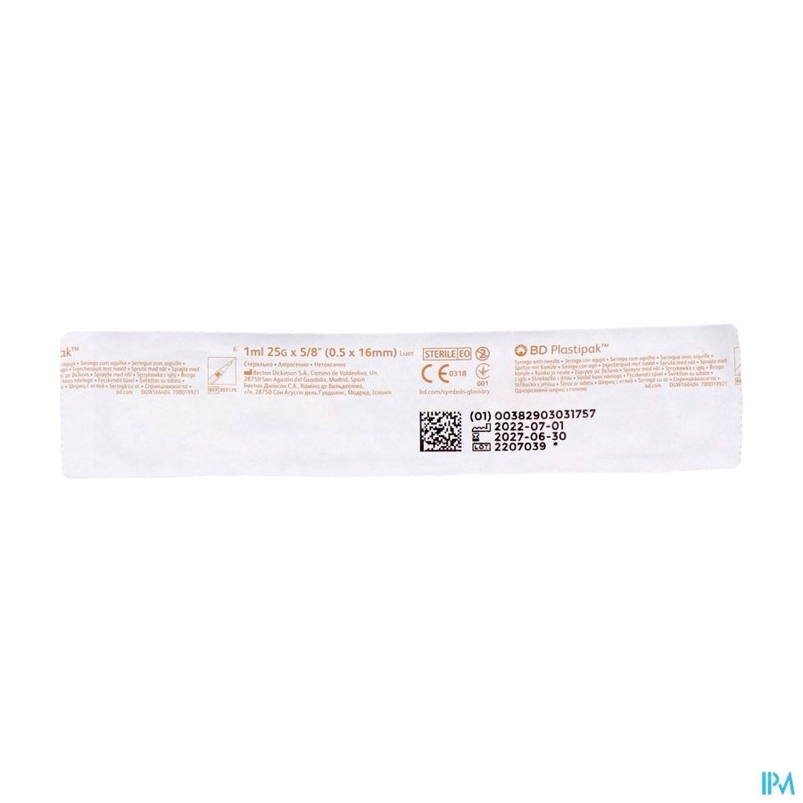 Bd Plastipak Spuit+nld Tuberc.1ml 25g 5/8 1 303175