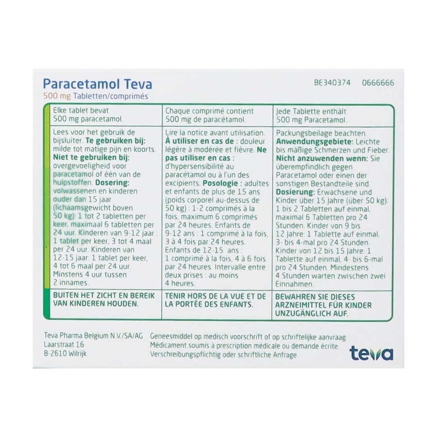 Paracetamol Teva 500mg 100 Tabletten
