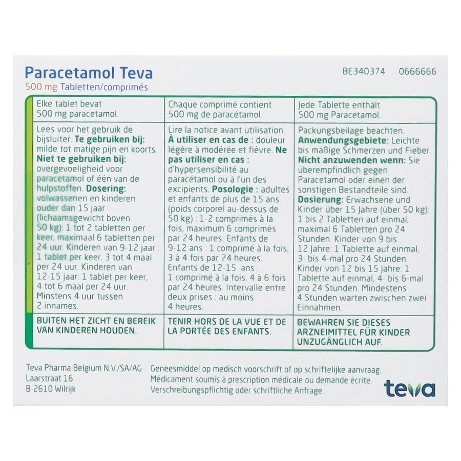 Paracetamol Teva 500mg 100 Tabletten