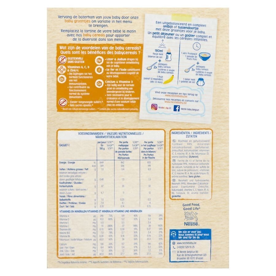Nestle Baby Cereals Rijst Vanille Glutenvrij Granen Baby 6+ Maanden 500g