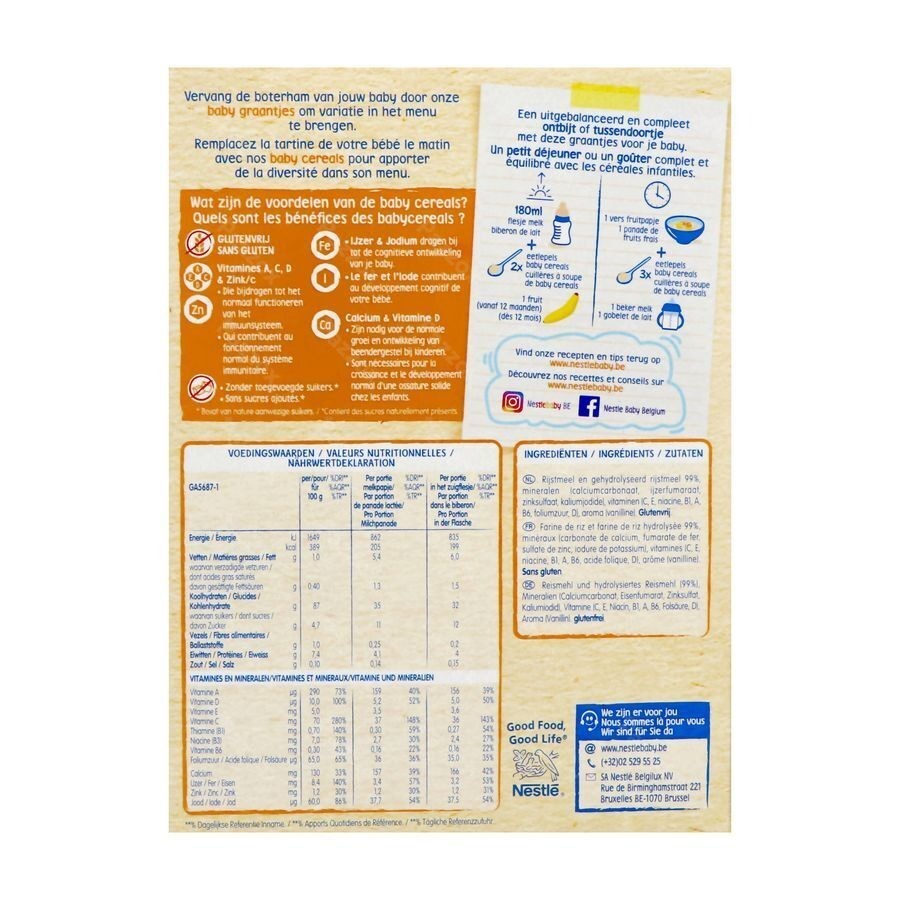 Nestle Baby Cereals Rijst Vanille Glutenvrij Granen Baby +6 Maanden 250g