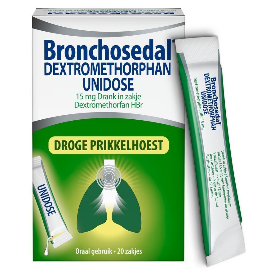 Bronchosedal Dextromethorphan Unidose Droge Hoest en Kriebelhoest Hoestsiroop 20 Zakjes