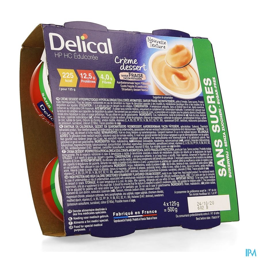 Delical Creme Dessert Hp-hc Z/suik. Aardbei 4x124g