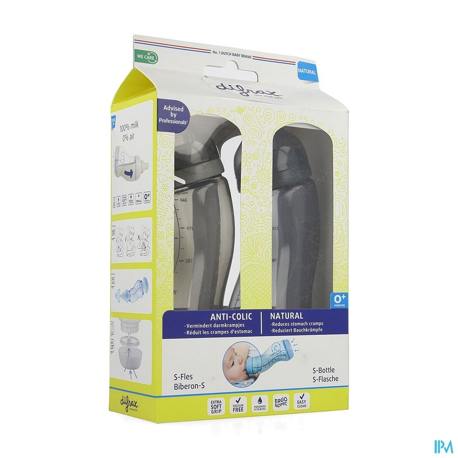 Difrax S-fles Natural Bl.-grijs/grijs 250ml 2pack