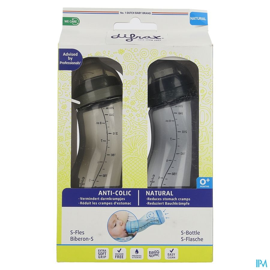 Difrax S-fles Natural Bl.-grijs/grijs 250ml 2pack
