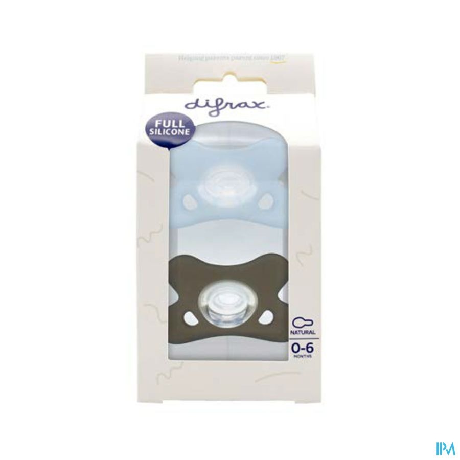 Difrax Fopspeen Natural 0-6m 2pack Blauw/grijs