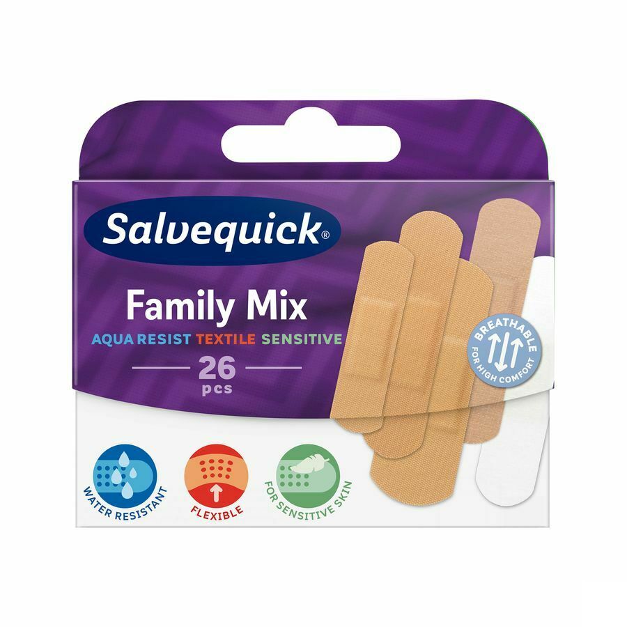 Salvequick - Aqua Resist Textile Sensitive Family Mix Plasters 26Pcs.