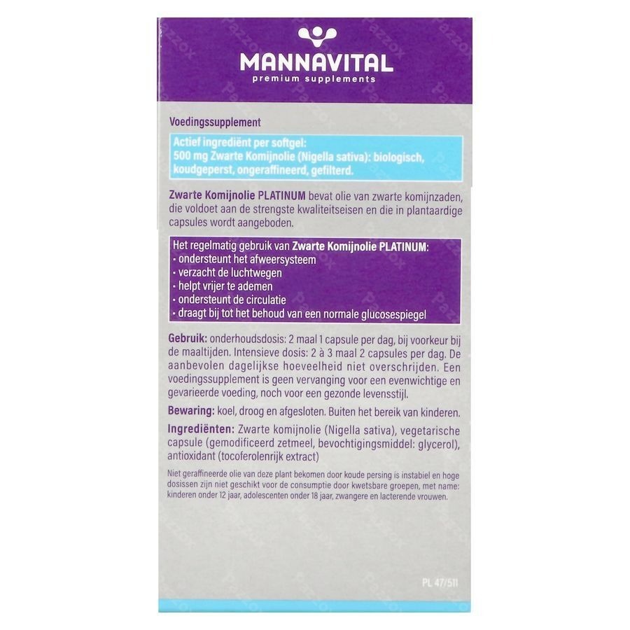 Mannavital Zwarte Komijnolie Platinum Softgels 120