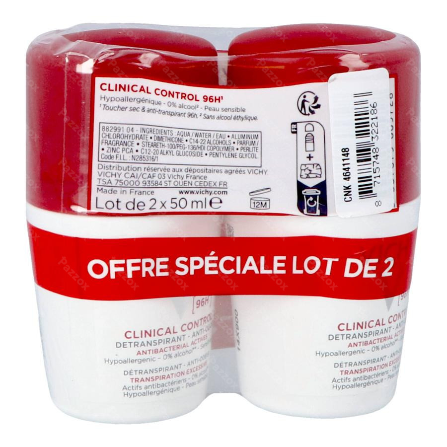 Vichy Deo Roll-on Clinical Control 96u Overmatige Transpiratie Duo 2x50ml
