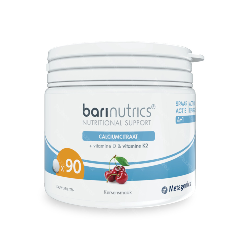 BariNutrics Calciumcitraat + K2 Kerssmaak 90 Kauwtabletten