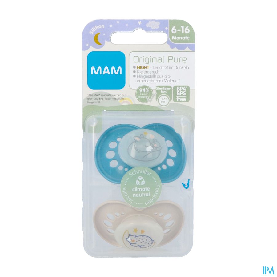 MAM Fopspeen Pure Night Siliconen - 6-16 maanden - blauw - 2 stuks | Glow in the dark fopspeen