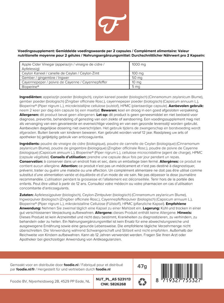 Foodie Ultimate Apple Cider Vinegar Appelazijn Bloedsuikerspiegel en Gewichtsbeheersing 60 Capsules