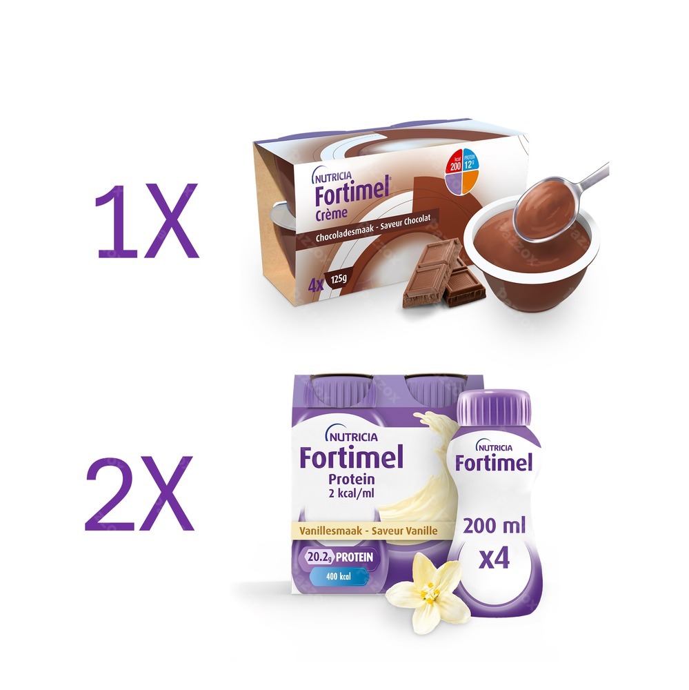 Fortimel Pakket 4x Crème Chocolade + 8x Fortimel Protein 2Kcal Vanille Voedingssupplement – Ondervoeding