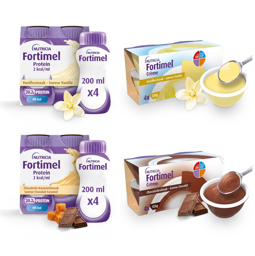 Fortimel Pakket 8x Crème Vanille-Chocolade + 8x Fortimel Protein 2kcal Vanille-Chocolade-Karamel Voedingssupplement – Ondervoeding